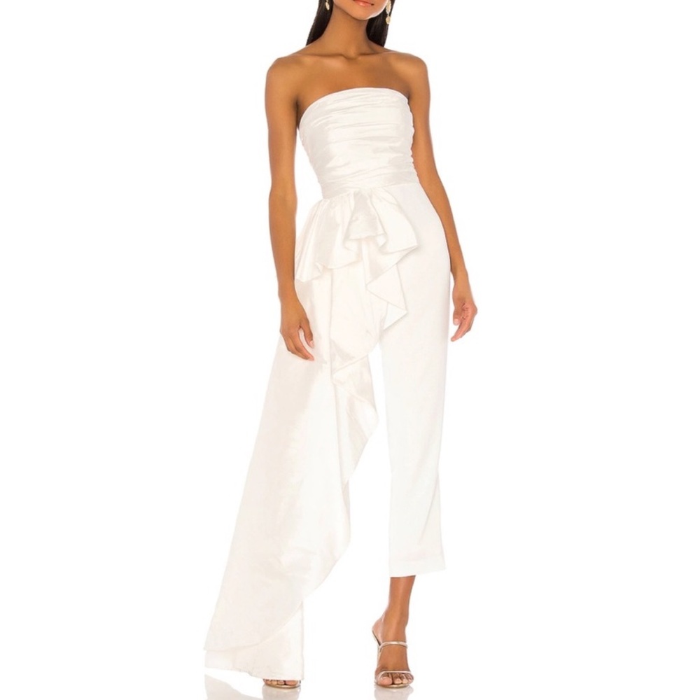 JAY GODFREY White / Ivory Sky Ruched Top Cascading Drape Side Jumpsuit - Reemoly